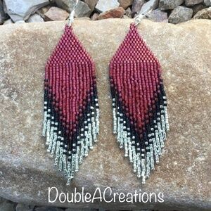 Deep Red and Silver Beaded Earrings with Fringe, New, Handmade by Me